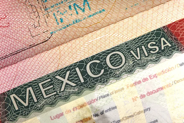 Visto de México no passaporte internacional e pesos mexicanos, close-up — Fotografia de Stock