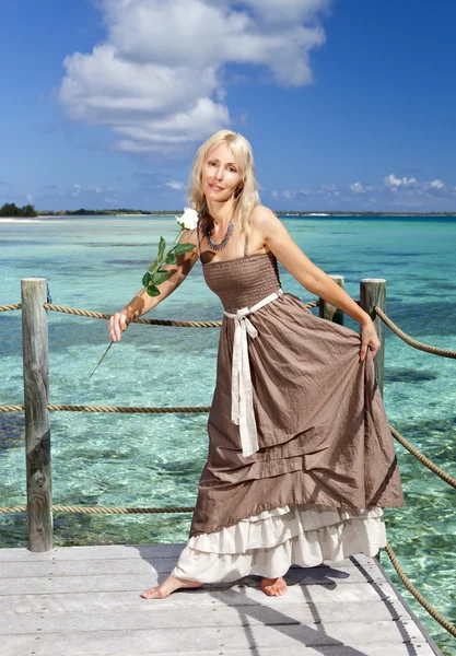 Denizin üzerinde ahşap bir platformda uzun elbiseli güzel kadın — Stok fotoğraf