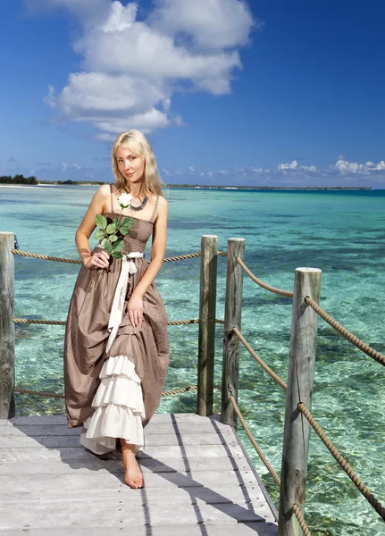 La bella donna in un abito lungo su una piattaforma di legno sul mare — Foto Stock