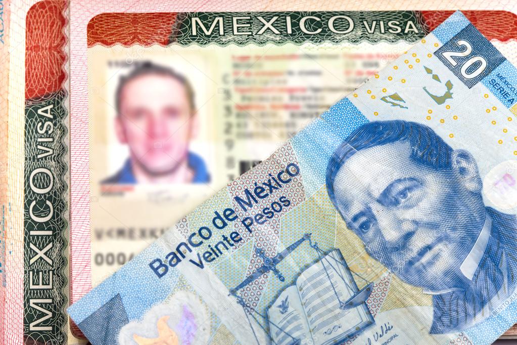 The visa of Mexico in the Russian international passport and Mexican peso