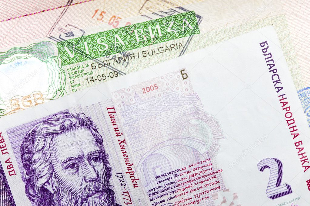 visa of Bulgaria on the page of the passport and Bulgarian lev