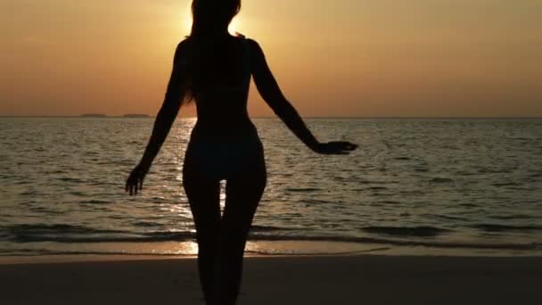 Silhouette de la femme contre un coucher de soleil à l'océan — Video