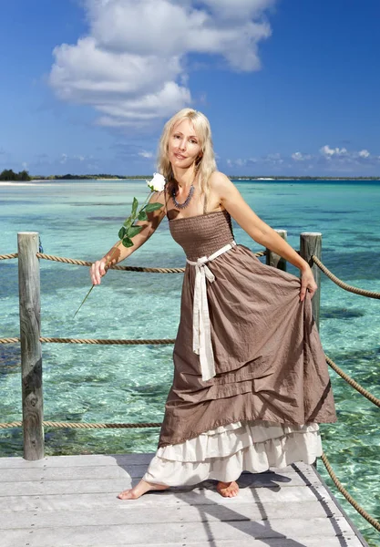 La hermosa mujer en un vestido largo en una plataforma de madera sobre el mar —  Fotos de Stock