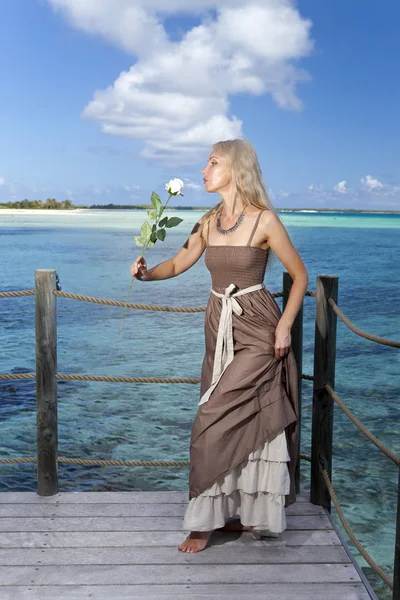 De mooie vrouw in een lange jurk op een houten platform over de zee — Stockfoto