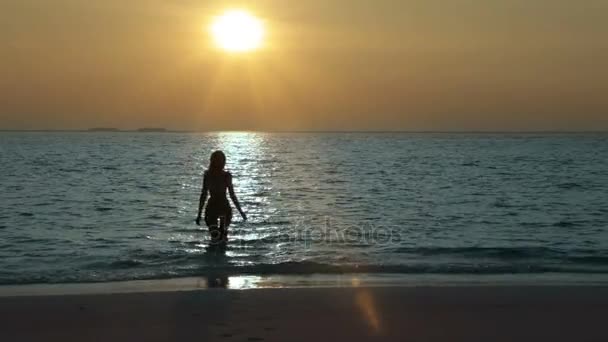 Silhueta da mulher que deixa o mar ao pôr-do-sol — Vídeo de Stock