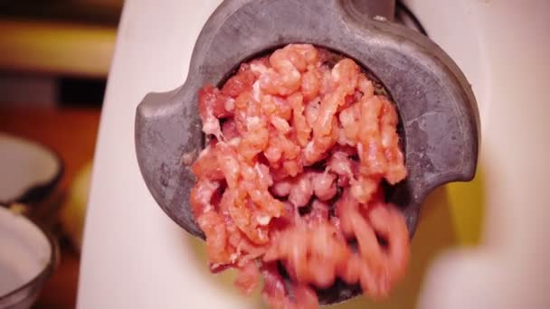 Preparação de recheio de carne em um moedor de carne elétrico — Vídeo de Stock