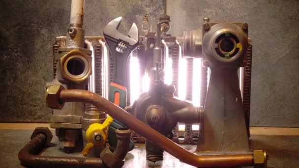 The part of gas boiler, water fittings and adjustable spanner — Stock Footage The part of gas boiler, water fittings and adjustable spanner Stock Video