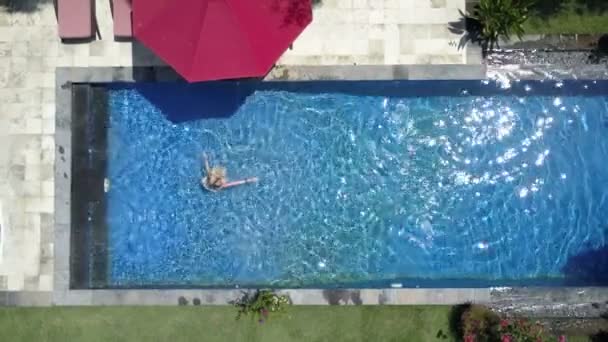 Die junge schöne Frau schwimmt im Pool in einem tropischen Garten, Luftaufnahme von der Drohne — Stockvideo