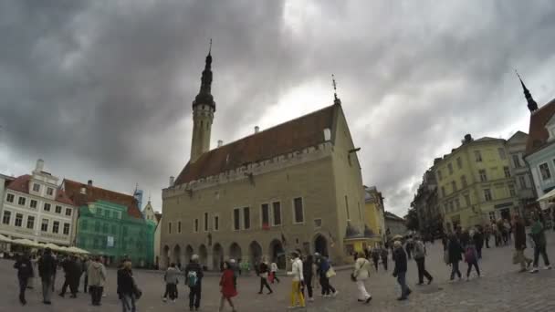 Tallin, Estonia - 5 września 2015 A tłum turystów odwiedź Ratusz placu na starym mieście 5 września, 2015 w Tallinie, Estonia — Wideo stockowe