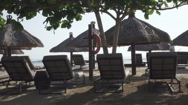 Plage de sable de la station tropicale avec parasols et chaises longues — Video