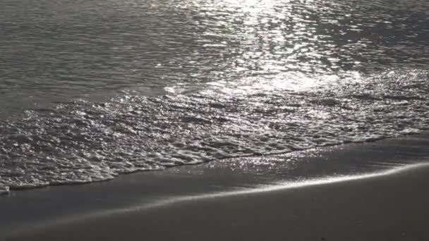 Gelombang laut hangat berjalan di pantai berpasir di pagi hari, gerakan lambat — Stok Video