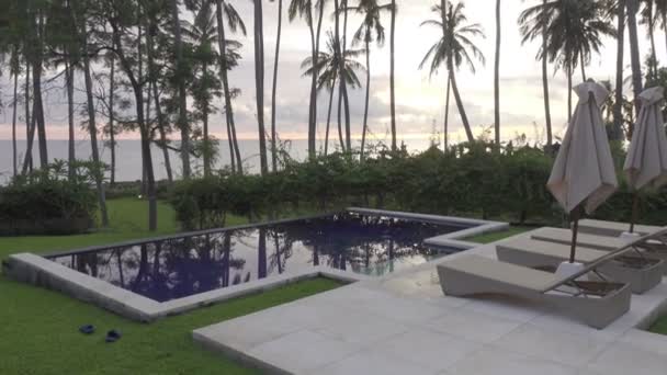 Панорамний вид на долоню дерево на море і басейн і тропічний курорт Індонезії Балі — стокове відео