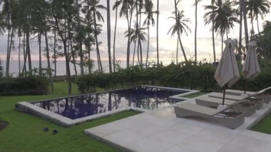 Panoramik manzaralı bir palmiye ağacı deniz ve havuz tropikal Bali Endonezya'nın üzerinde