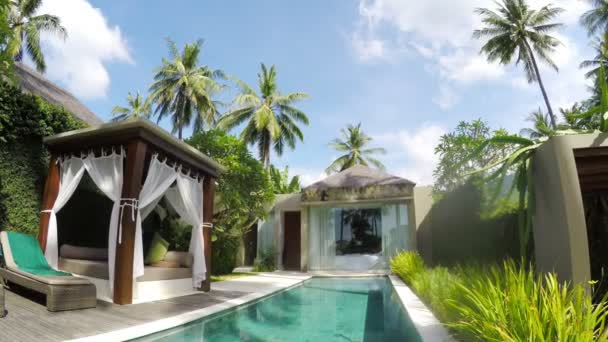 Bali, Endonezya, Kasım, 2016: Tropikal tatil köyü havuz palmiye ağaçları ve şezlong ile topraklarının bir görünüm — Stok video
