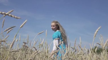 Genç kadın mavi bir elbise ve güneşli gün, ağır çekim olgun buğday alanında uzun sarı saçlar