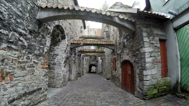 Passage Sainte-Catherine petite promenade dans la vieille ville Tallinn, Estonie, l'homme et la femme vont après avoir joint les mains — Video
