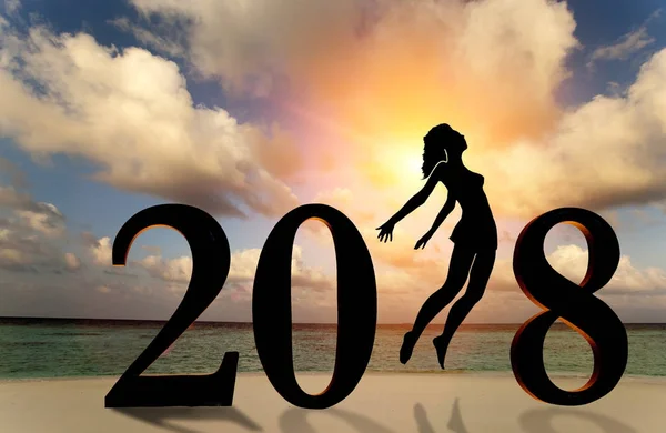 Feliz Ano Novo Cartão 2018 Silhueta Jovem Mulher Estande Praia — Fotografia de Stock