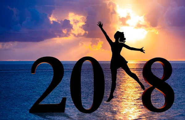 Feliz Ano Novo Cartão 2018 Silhueta Jovem Mulher Praia Como — Fotografia de Stock