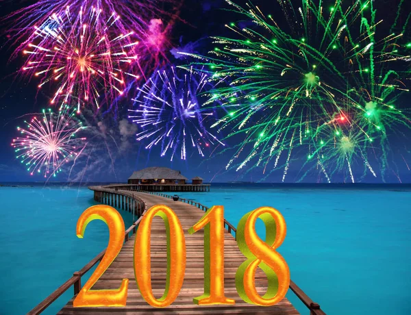 Inscripción Año Nuevo 2018 Camino Madera Sobre Mar Los Fuegos —  Fotos de Stock