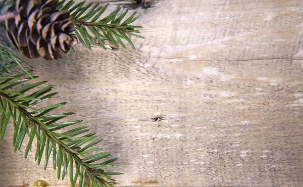 Natale Capodanno Concetto Ramo Abete Con Cono Sfocato Tavola Legno — Foto Stock