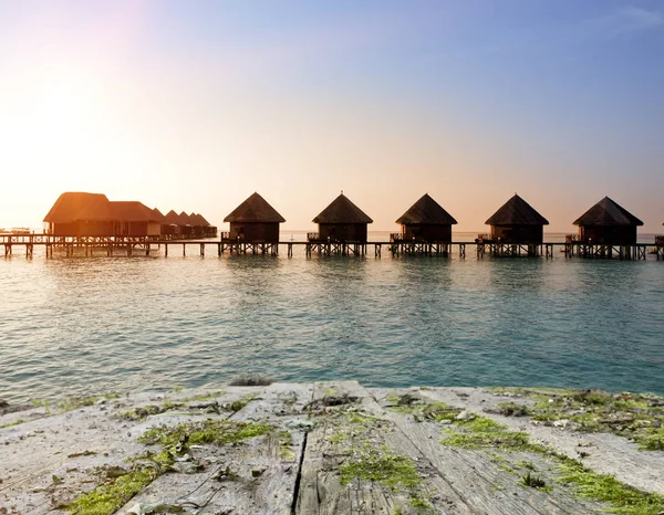 Vintage Holzbrett Mit Meer Strand Und Lodges Über Wassergrund — Stockfoto