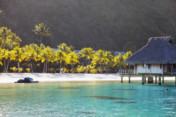 Типичный Полинезийский Пейзаж Остров Пальмами Домиками Воде Океане Горах Заднем Стоковое Фото