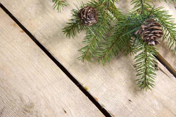 Christmas New Year Concept Fir Tree Branch Cones Wooden Board — Stock Photo, Image