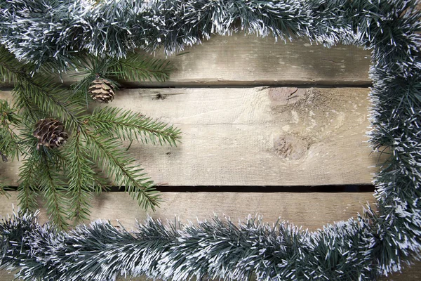 Christmas New Year Concept Fir Tree Branch Cones Frame Tinsel — Stock Photo, Image