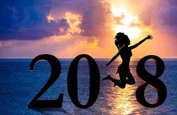 Feliz Ano Novo Cartão 2018 Silhueta Jovem Mulher Praia Como — Fotografia de Stock