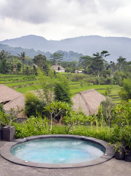 Panoramik Pirinç Terasları Dağlar Küçük Havuzu Planda Bali Endonezya — Stok fotoğraf