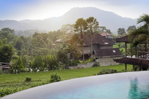 View Rice Terraces Mountains Small Pool Foreground Bali Indonesia — Stock Photo, Image