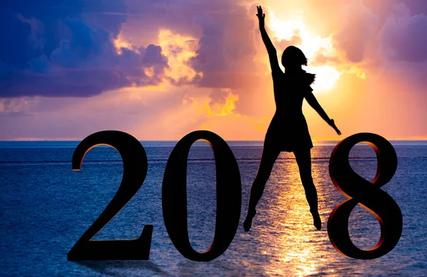 Feliz Ano Novo Cartão 2018 Silhueta Jovem Mulher Estande Praia — Fotografia de Stock