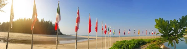 Sandy Beach Flags Different Countries Seashore Thailan — Stock Photo, Image