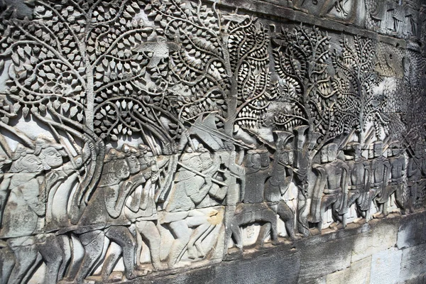 Kambodža Living Quarters Vytesané Kamenné Vzory Stěnách Chrámu — Stock fotografie
