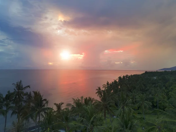 空中鸟瞰从无人驾驶飞机在棕榈树和海面上日落 巴厘岛 印度尼西亚 — 图库照片