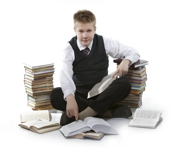 Teenager Schoolboy Pile Textbooks — Stock Photo, Image