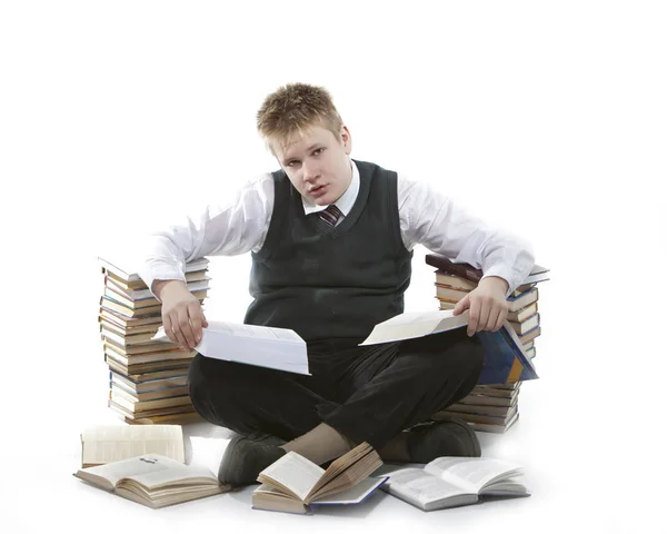 Teenager Schoolboy Pile Textbooks — Stock Photo, Image