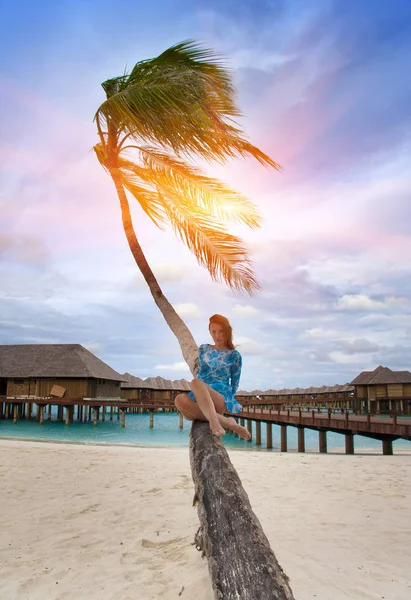 Mladá Krásná Žena Poblíž Palm Tree Maledivy — Stock fotografie