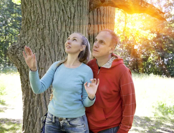 Man Woman Oak Summer Day Have Seen Something Branch Look — Stock Photo, Image