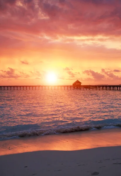 Wooden Road Island Hut Water Sunset Maldives — Stock Photo, Image