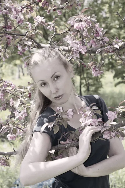 Young Attractive Woman Standing Blossoming Crimson Apple Tree Toning — Stock Photo, Image