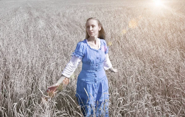 調熟した穀物の分野で青いロングドレスで美しい女性 — ストック写真