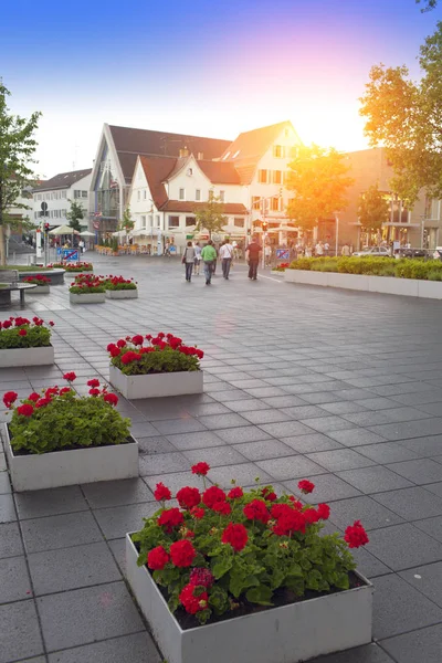 şehrin Bavaria, Almanya için çiçek dolu güzel yataklar ile sokak