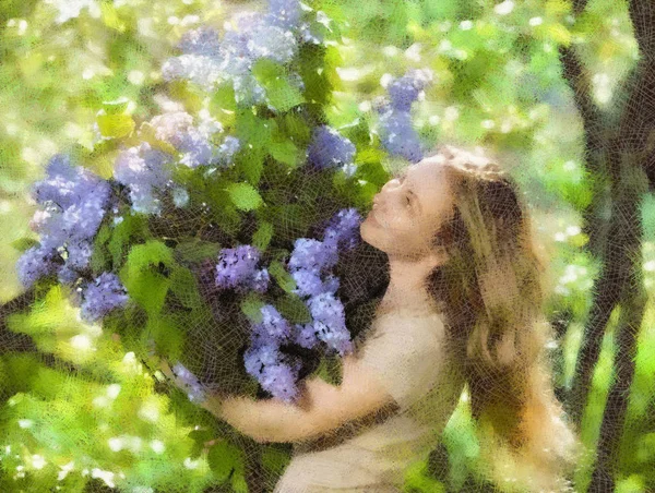 Happy Young Woman Park Big Bouquet Lilac — Stock Photo, Image