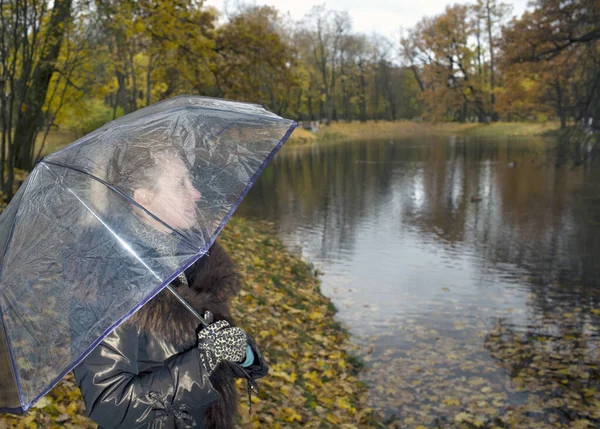 Woman Transparent Umbrella Cloudy Autumn Day Lake Shor — Stock Photo, Image