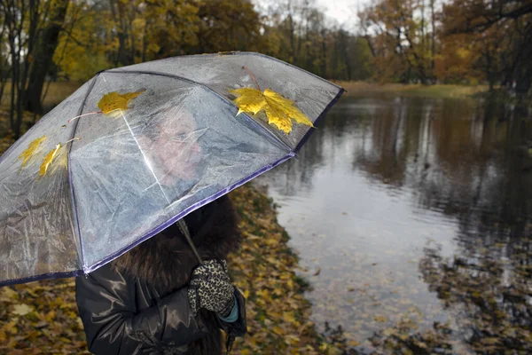 Woman Transparent Umbrella Autumn Day River Shor — Stock Photo, Image