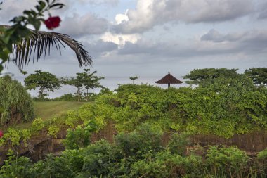 Kanyon kıyıları boyunca tropikal bitkiler, ufukta deniz, bulutlarda gökyüzü, güneşten tepe örtüsü