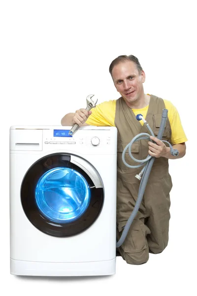 Man Who Has Thought Repair Connection Washing Machine New Washing — Stock Photo, Image