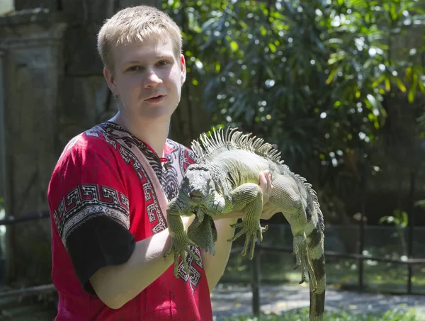 Νεαρός Άνδρας Έφηβος Κατέχει Ένα Ιγκουάνα Στα Χέρια — Φωτογραφία Αρχείου