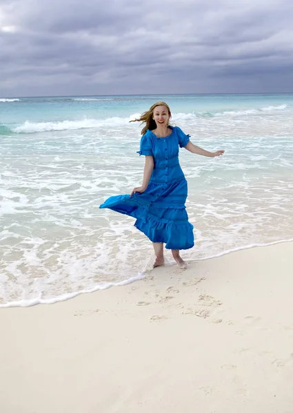 Young Woman Long Hair Fluttering Wind Blue Dress Running Edge — Stock Photo, Image